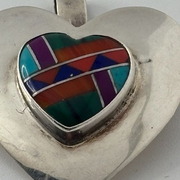 Native American Multi-Stone Inlay Sterling Silver Heart Pendant/Pin Vidal Chavez - Picture 2 of 9